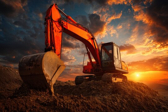 An orange excavator sits on a dirt mound at a construction site during a dramatic sunset with vibrant clouds in the sky