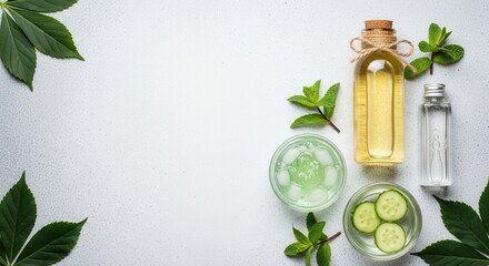 Natural skincare ingredients and products with fresh mint and cucumber