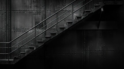Industrial metal staircase ascending a dark wall