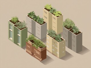 Urban garden boxes illustration with plants.