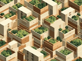 Urban garden boxes with green plants, artistic isometric illustration