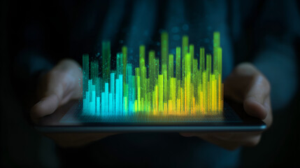 Digital Insights: A person holds a tablet displaying a vibrant, glowing data visualization, showcasing intricate digital insights and analytical prowess.