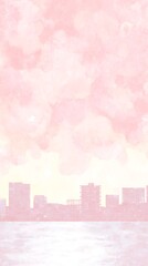 Pastel pink cityscape skyline with soft clouds.