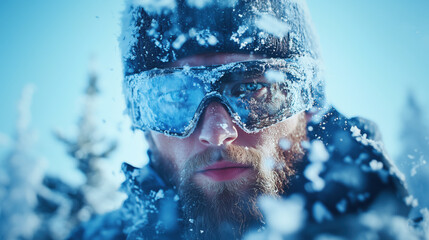Close-up of man with snow goggles in frozen environment. Winter survival, extreme sport and icy determination