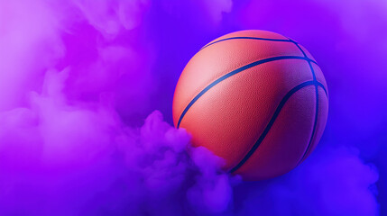 Fototapeta premium Sport background with a basketball floating in vibrant purple smoke