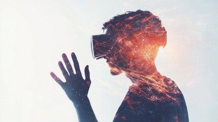 Man immersed in virtual reality with glowing network overlay creating futuristic atmosphere