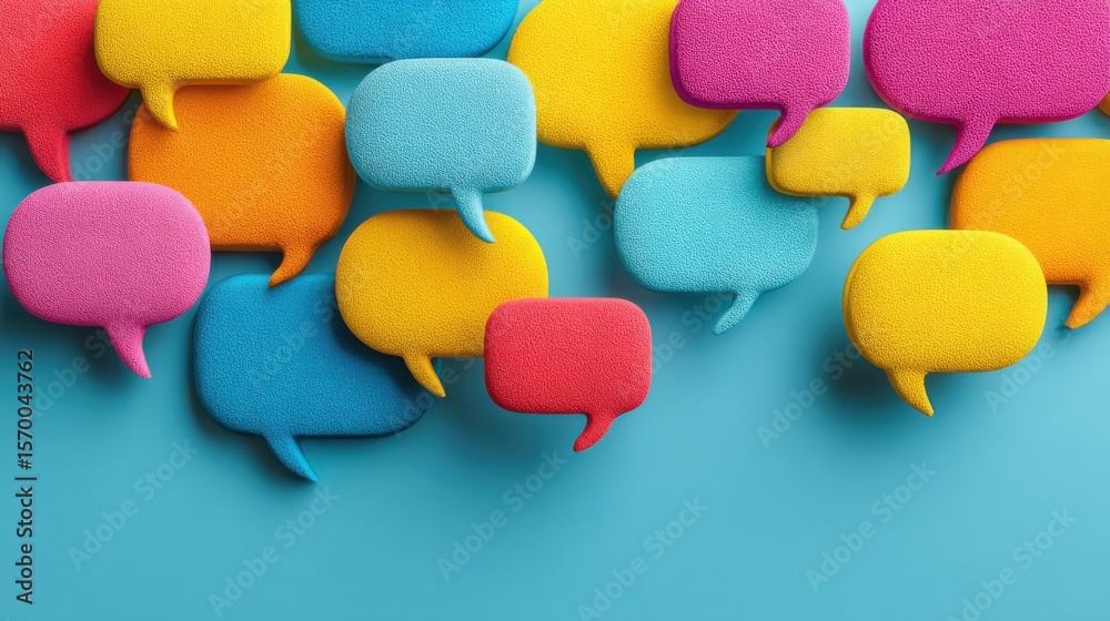 Fototapete a bunch of colorful speech bubbles are scattered across a blue background. the speech bubbles are ma