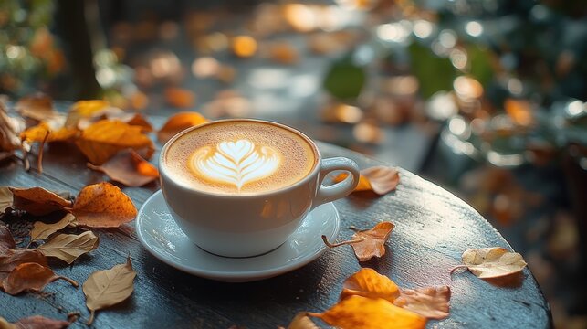 Cup of coffee on a table with leaves on it copy space