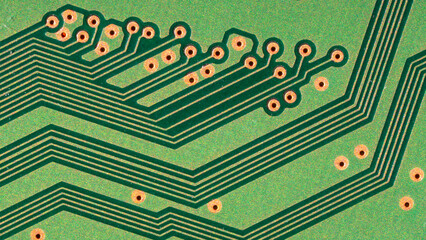 Macro image of a circuit board resembles highways and byways