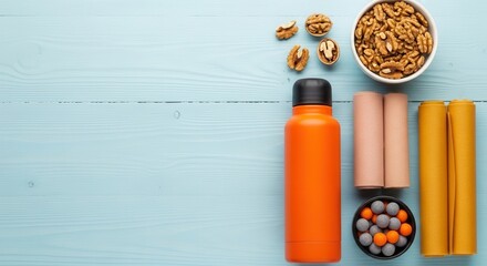 Healthy lifestyle essentials nuts water bottle and exercise accessories
