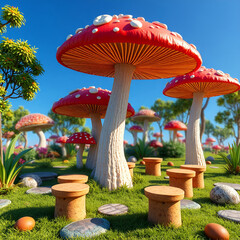 The perfect rest area, vivid mushrooms as umbrellas, cork stools for sitting, California blue sky. JPEG, 8.1MB, 12x12in, 3600x3600px, 300p/I, CGI