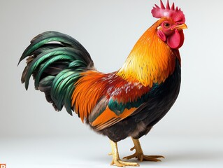 Fototapeta premium Highly detailed rooster with bold red, orange, and green shimmering feathers on white background