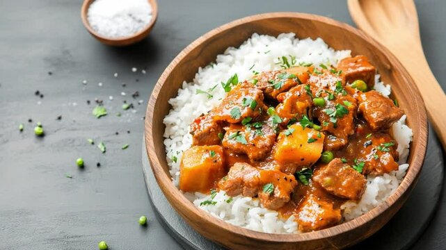 Sweet and Sour Beef with Rice: A delectable bowl of sweet and sour beef, tender chunks of beef simmered in a tangy sauce with pineapple chunks served over fluffy white rice.  