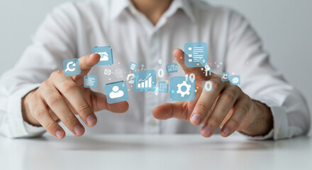 Man's hands interacting with futuristic digital interface. 