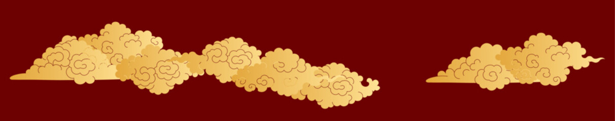 Paper cut Asian clouds border isolated, gold on red background. Hand drawn flat vector illustration. Chinese, Japanese, Korean design elements, clip art. Traditional Buddhist thangka art
