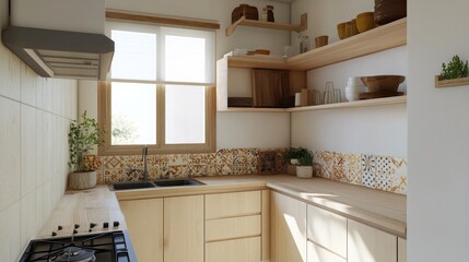 Modern, minimalist kitchen with warm tones