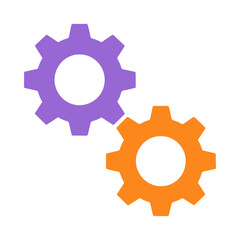 Interlocking Purple and Orange Gears Icon.  Interlocking purple and orange gears icon, symbolizing collaboration, teamwork, processes, settings,and efficient development.
