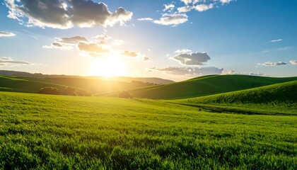 Obraz premium Lush green fields at sunset