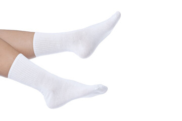 Woman in clean socks on white background, closeup