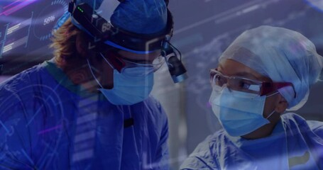 Male and female surgeons adjusting headlamp and monitoring AR patient data ensuring patient safety - Powered by Adobe