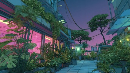 Urban jungle at sunset with plants.