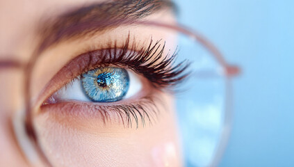 Futuristic Digital Close-Up of Blue Eye Featuring Detailed Eyelashes and Soft Background

