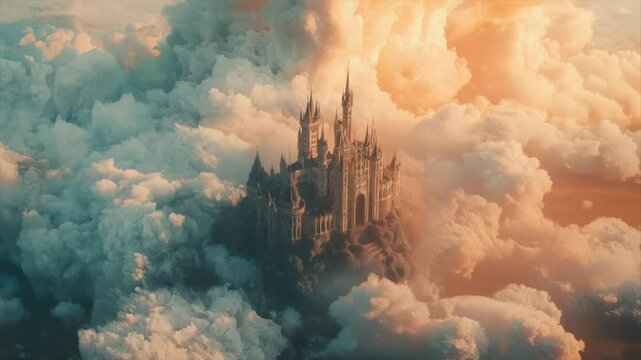 A majestic castle sits atop a cloud island, bathed in warm sunset light