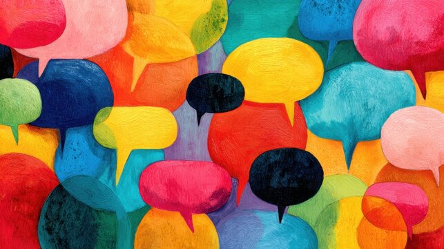 A colorful painting of many different colored speech bubbles. The painting is full of different colors and shapes, and it seems to be a representation of the many different voices