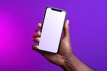 African American Man’s Hand Displaying Smartphone with Bright Screen in Neon Lighting – Free Space for App Design

