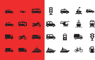 Collection of modern transportation icons representing cars buses airplanes trains and more