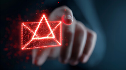 Digital Correspondence: A fingertip hovers over a glowing red email symbol, a digital message seemingly ready to be sent or received.