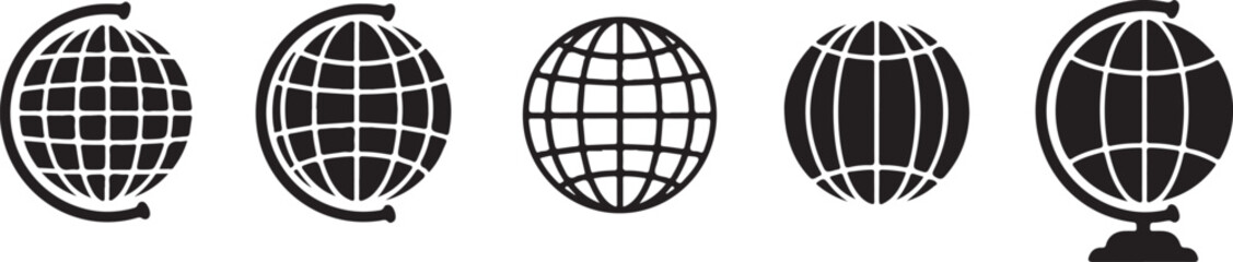 Collection of black and white globe icons representing global concepts and travel themes