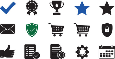 Collection of modern icons illustrating concepts such as approval shopping security and time