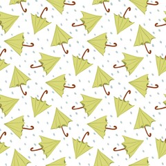 Yellow Umbrellas and Raindrops Seamless Pattern on White