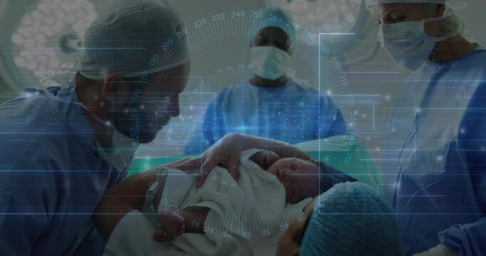 In hospital father cradling infant on mom chest upon delivery bonding with overlay tracking vitals