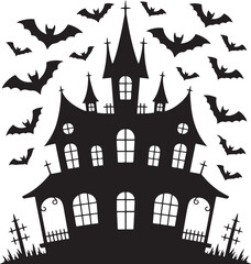 Haunted House Silhouette with Bats and Trees Halloween Vector Illustration

