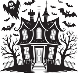 Fototapeta premium Haunted House Silhouette with Bats and Trees Halloween Vector Illustration