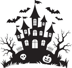 Haunted House Silhouette with Bats and Trees Halloween Vector Illustration

