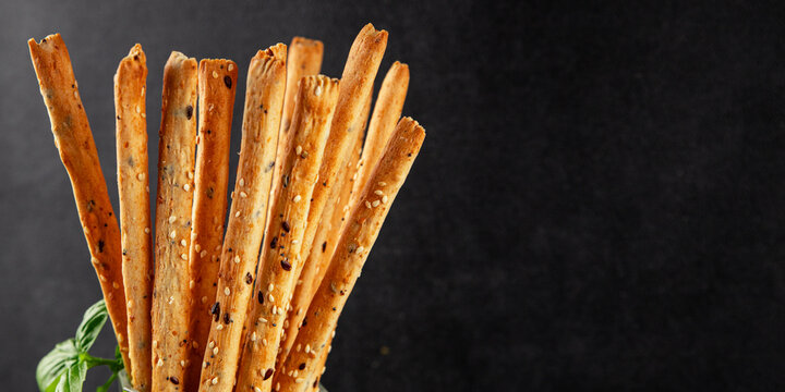 grissotti breadstick Grissini breadsticks whole grain cereal fresh delicious gourmet food background on the table rustic food top view copy space