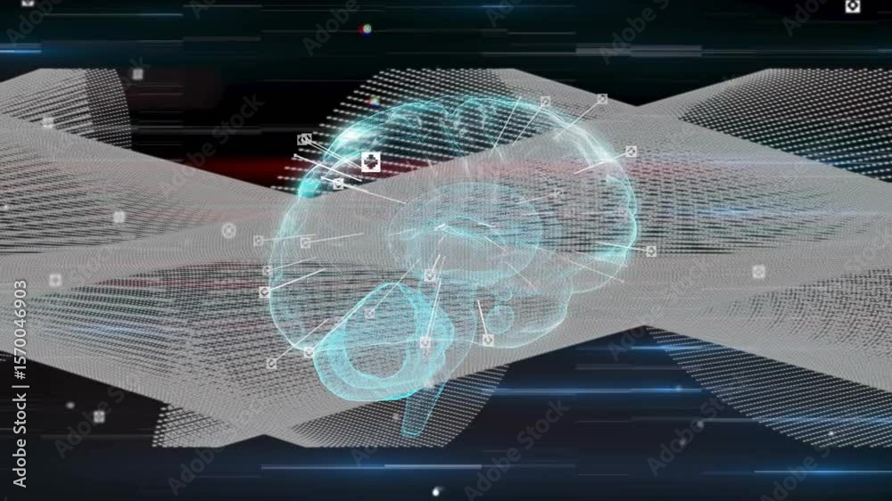 Poster on boot wireframe brain rotating in technology demo with pulsing data icons mapping neural links
