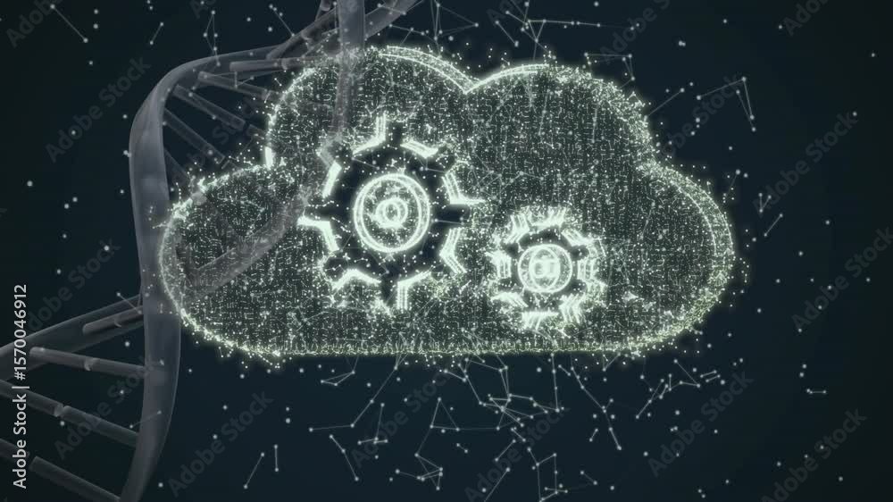 Poster glowing points forming particle cloud morphing around gears, dna helix rotating demonstrating tech