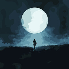 Woman walking alone under a full moon in a dark landscape  