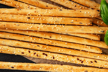 grissotti breadstick Grissini breadsticks whole grain cereal fresh delicious gourmet food background on the table rustic food top view copy space