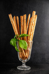 grissotti breadstick Grissini breadsticks whole grain cereal fresh delicious gourmet food background on the table rustic food top view copy space