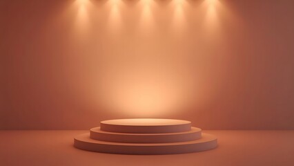 Illuminated circular stage pedestal with warm spotlights on a warm tone background