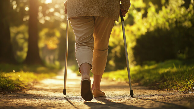 Senior woman walking with crutches on sunny park path