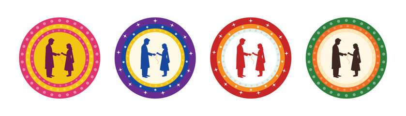 Raksha Bandhan Greeting Badge Set with Traditional Brother Sister Icons for Festive Decoration on White Background.