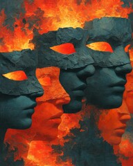 Abstract faces in masks with vibrant orange and blue hues.