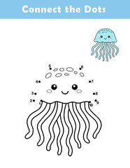 Dot to Dot Worksheet for Kids. Connect the dots to draw a cute jellyfish. Illustration of jellyfish. Coloring page.