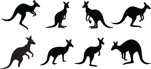 Kangaroo Silhouette Collection Black Color Vector Concept Illustration set.  Set of kangaroo, different poses, black color, isolated on white background